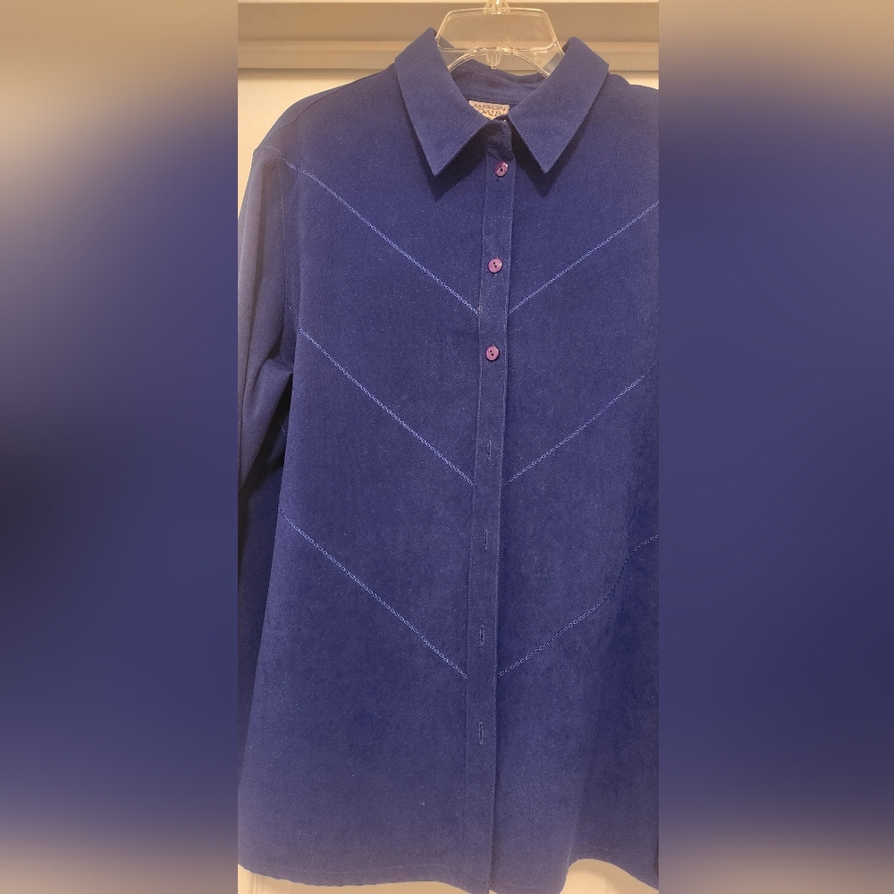 Allison Daley Navy Button Down Shirt with Purple Accents